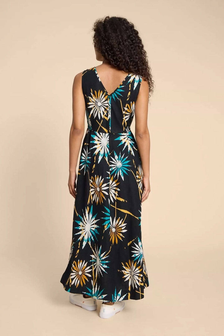 Robe Gigi longue en lin mélangé, imprimé floral coloré, col en V, coupe classique, arrière vue.