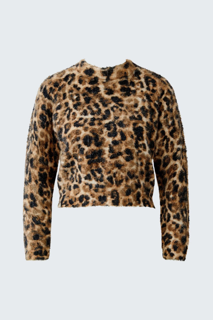 Chandail duveteux à motif animal avec texture moelleuse et manches longues, idéal pour ajouter une touche audacieuse et élégante à votre tenue.
