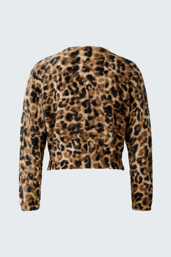 Chandail duveteux à motif animal avec manches longues, vue arrière. Idéal pour une tenue élégante et confortable.