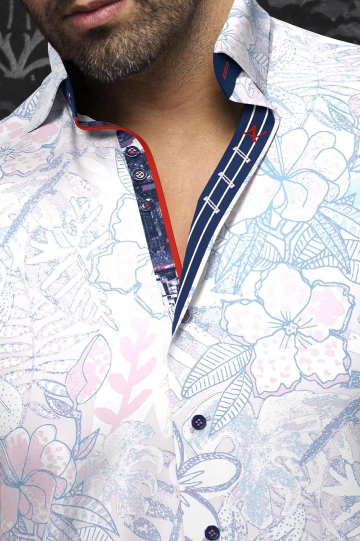 Chemise Alvarado florale ton sur ton avec détail de col contrastant bleu et rouge.