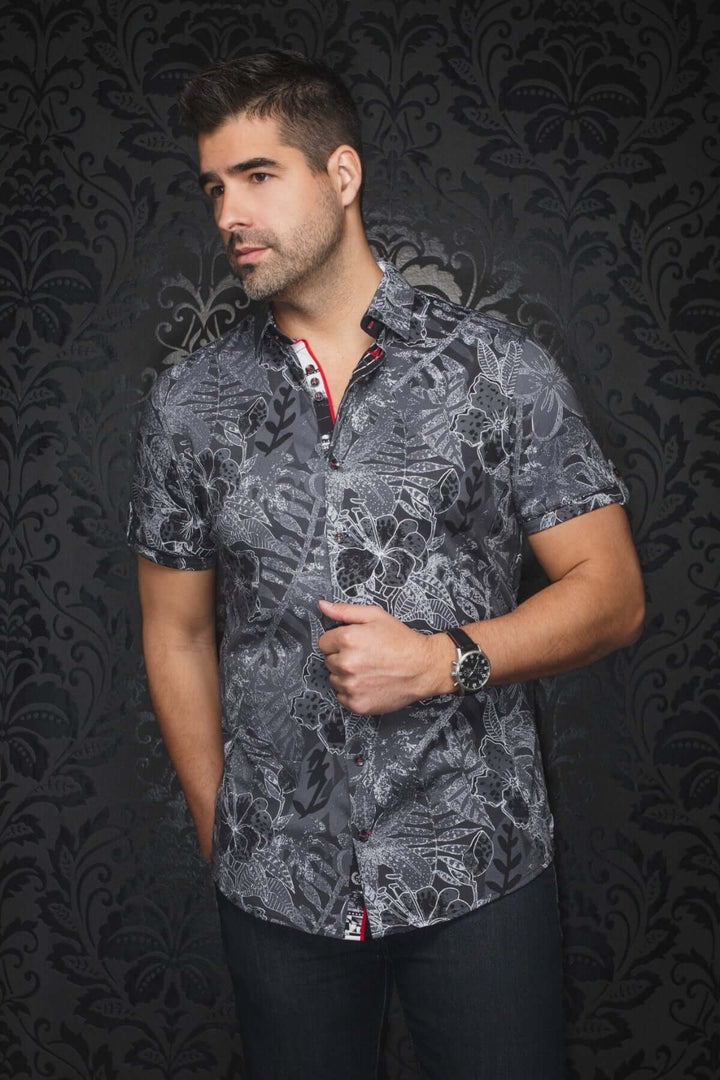 Chemise Ronaldo à manches courtes avec motif floral noir et blanc, détails en rouge, pour un look moderne.