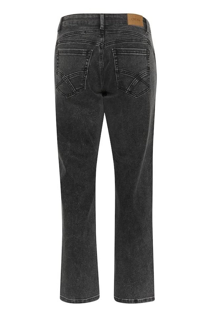 Jeans délavés coupe droite avec finition usée, vue arrière, style décontracté moderne.