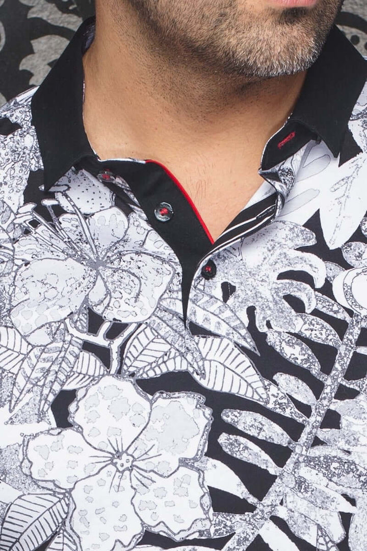 Polo Bennett pour homme avec motifs floraux en noir et blanc, col contrastant et détails sophistiqués.
