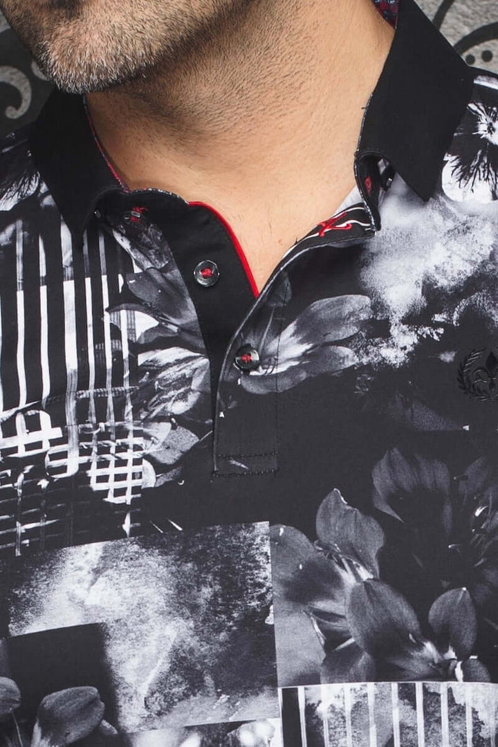 Polo Brandt pour homme avec motifs contrastants et collet rouge, tissu en coton léger et respirant.