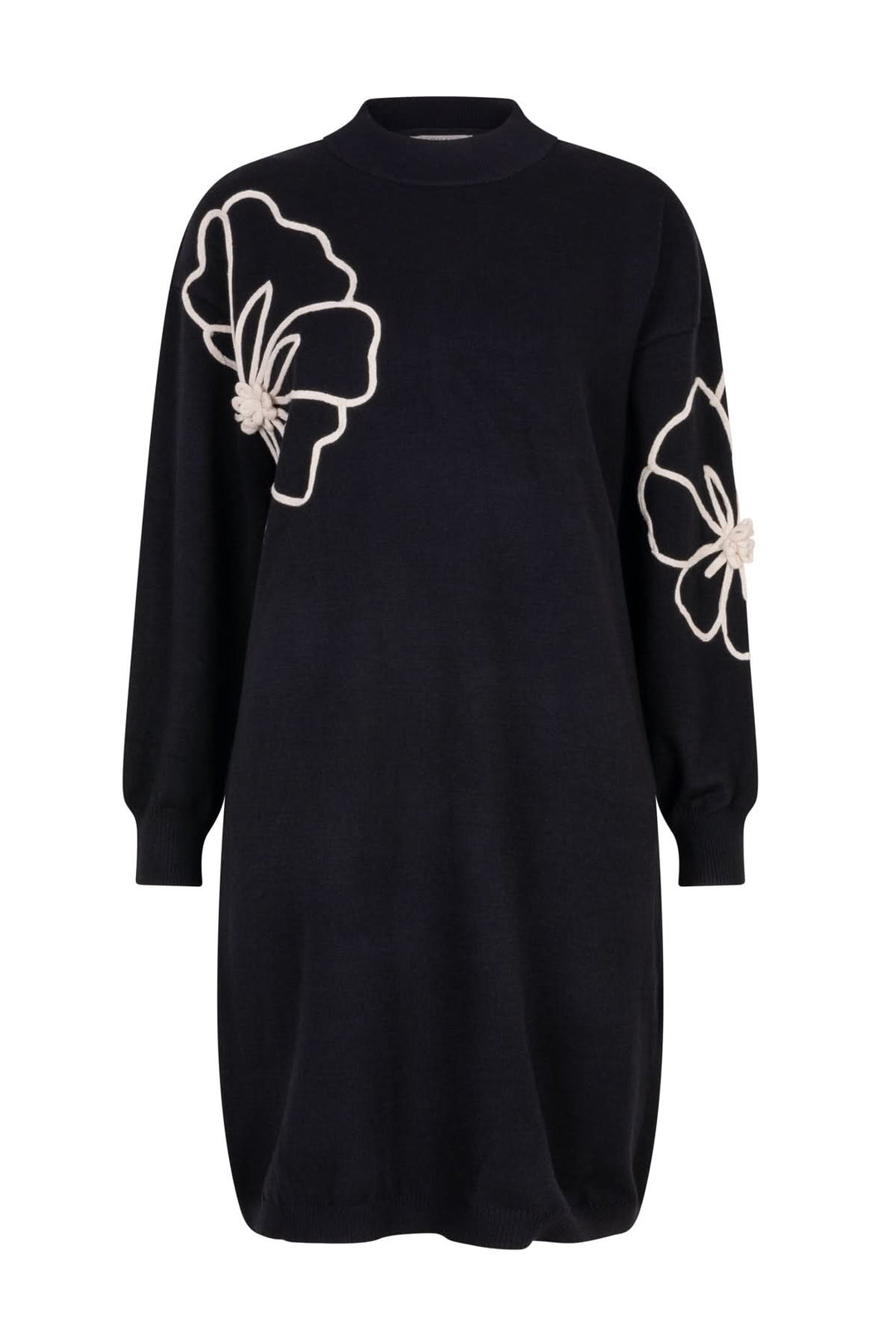 Robe en tricot noir à motifs floraux brodés, style décontracté et confortable pour une tenue quotidienne.