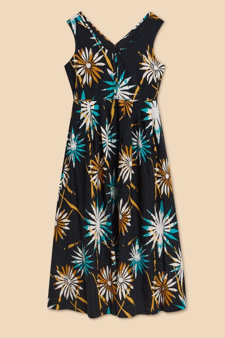 Robe longue en lin mélangé avec imprimé floral coloré sur fond noir, parfaite pour l'été.