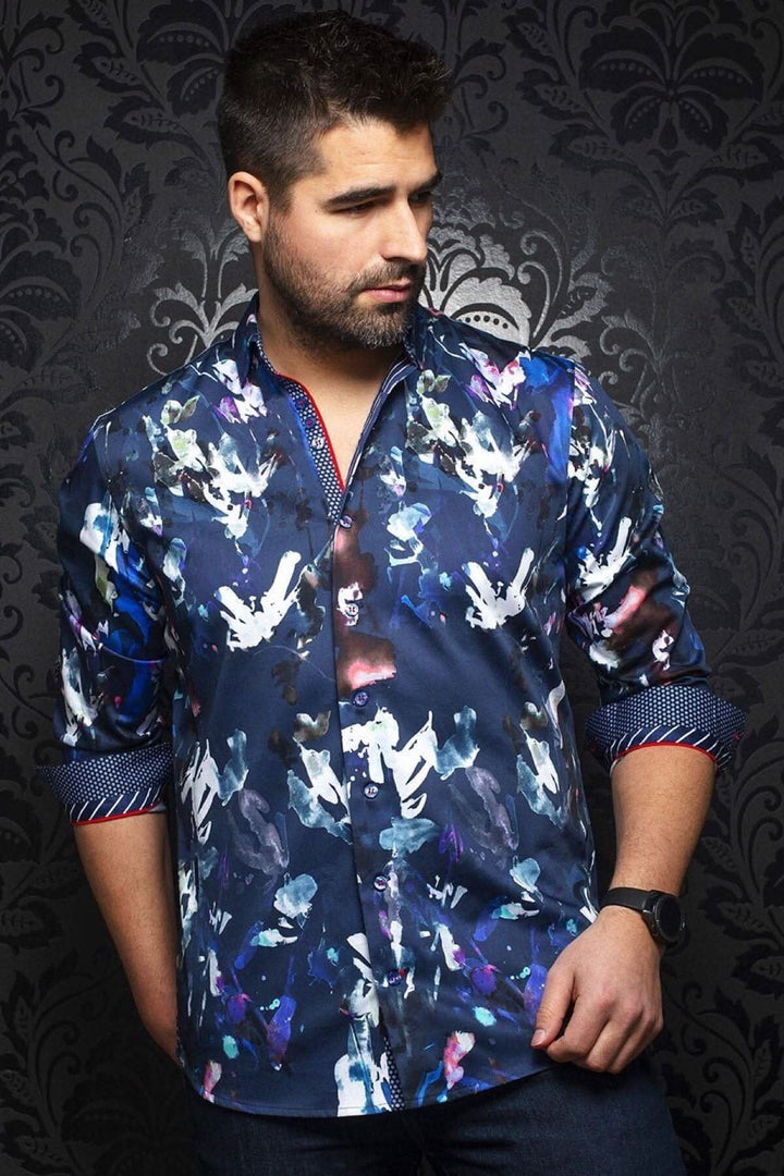 Chemise Toleman pour homme avec motifs colorés, manches retroussées, style habillé et décontracté.