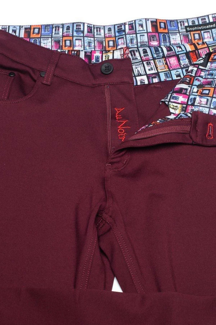 Pantalon stretch habillé Au Noir 2023 avec motif coloré sur la ceinture et coupe slim fit, 5 poches.