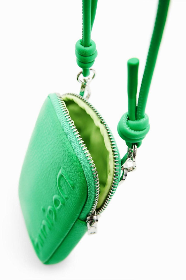 Porte-smartphone portefeuille effet cuir vert avec ganse et fermeture zippée, intérieur de couleur vive.