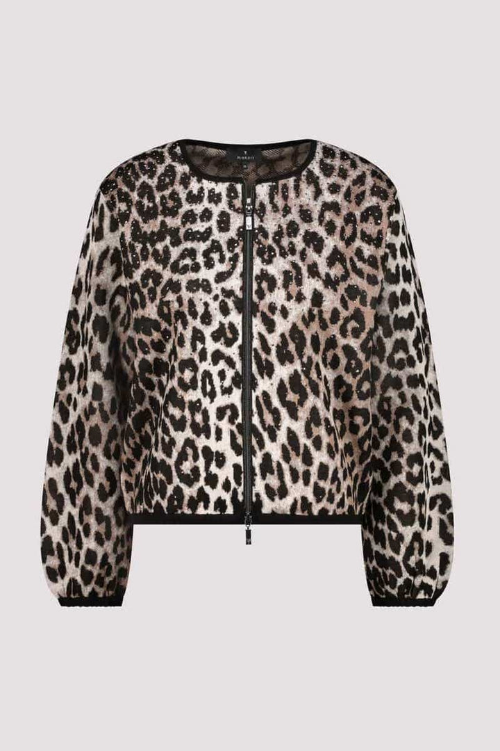 Veste léopard avec manches longues, fermeture éclair et encolure ronde, élégante et moderne.