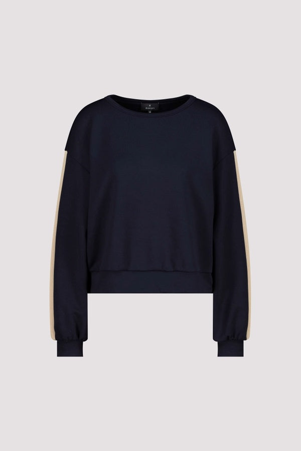 Chandail à bandes contrastées sur les manches avec col rond, design moderne pour un look sport-chic, idéal avec un jean ou pantalon en cuir.