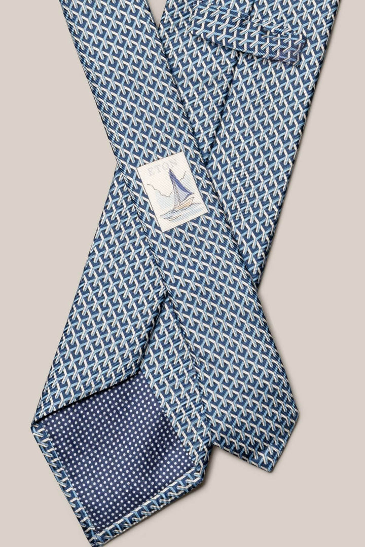 Navy Blue and White Geometric Pattern Silk Tie