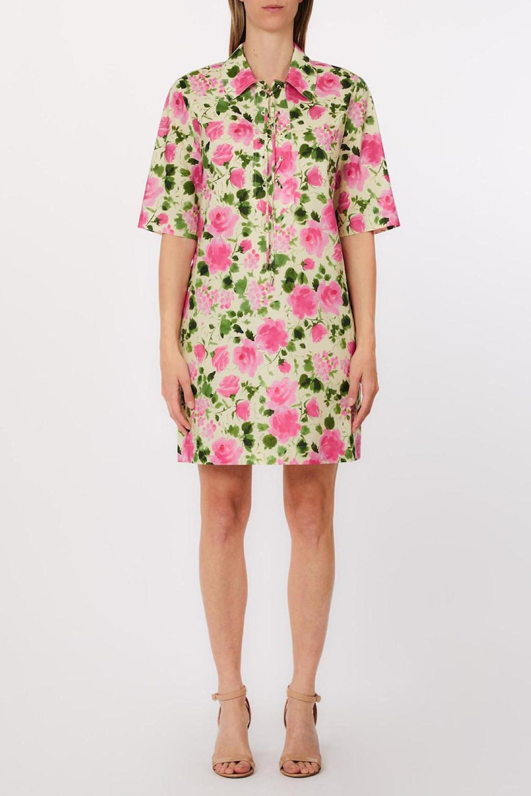 Straight-cut dress with a laced shirt collar