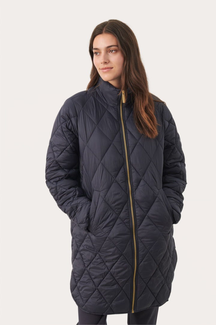 Quilted diamond-pattern coat