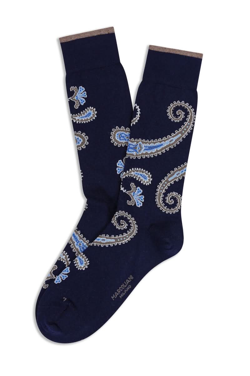 Pair of navy socks with elegant paisley pattern in blue and cream, perfect for adding style to any outfit.
