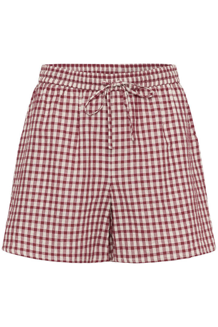 Bermuda Bigi à carreaux taille élastiquée en lin et coton, coupe fluide, idéal pour un look estival décontracté avec cordon de serrage.