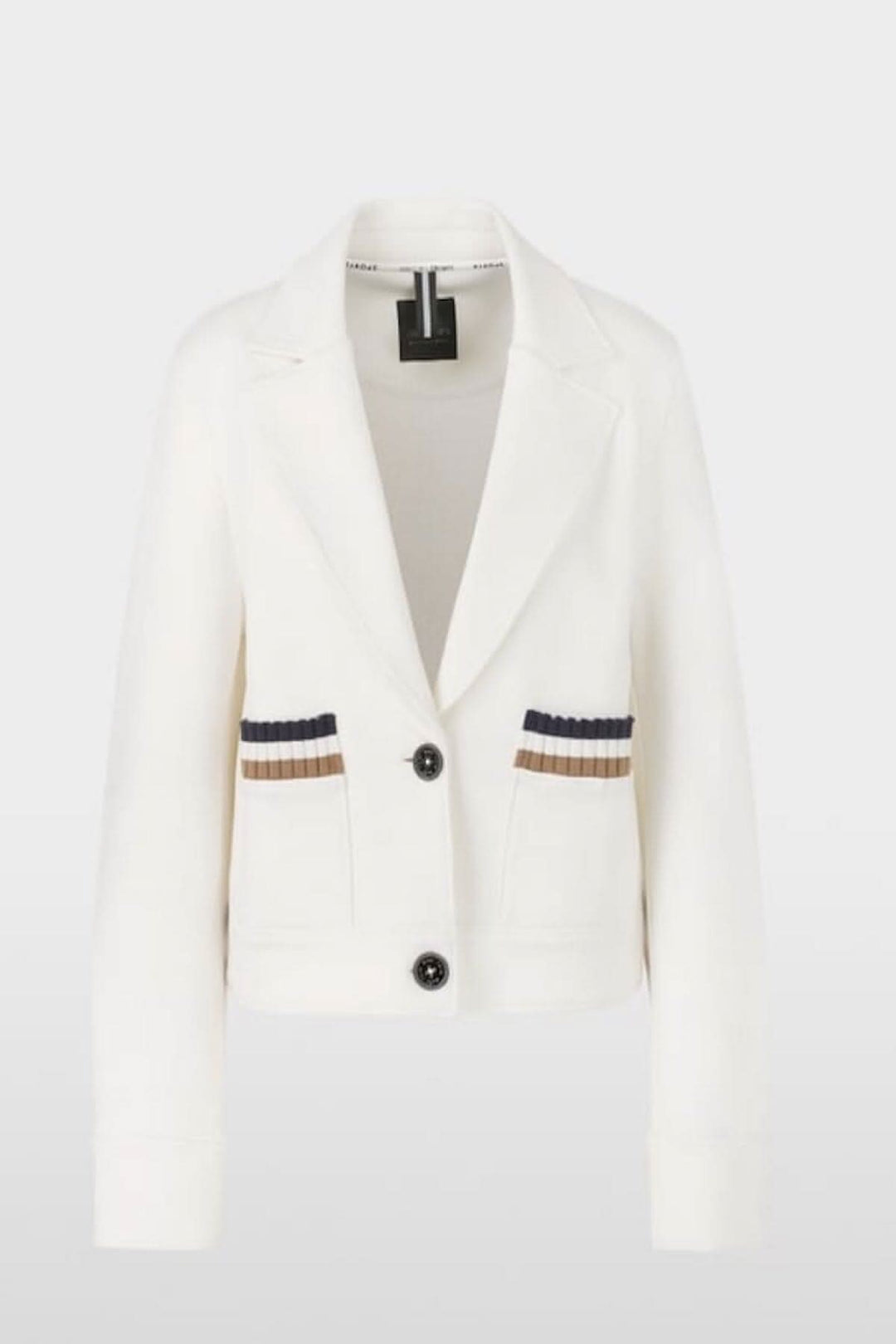 Chic white jersey blazer with striped pocket details and a tailored fit, perfect for a preppy style.