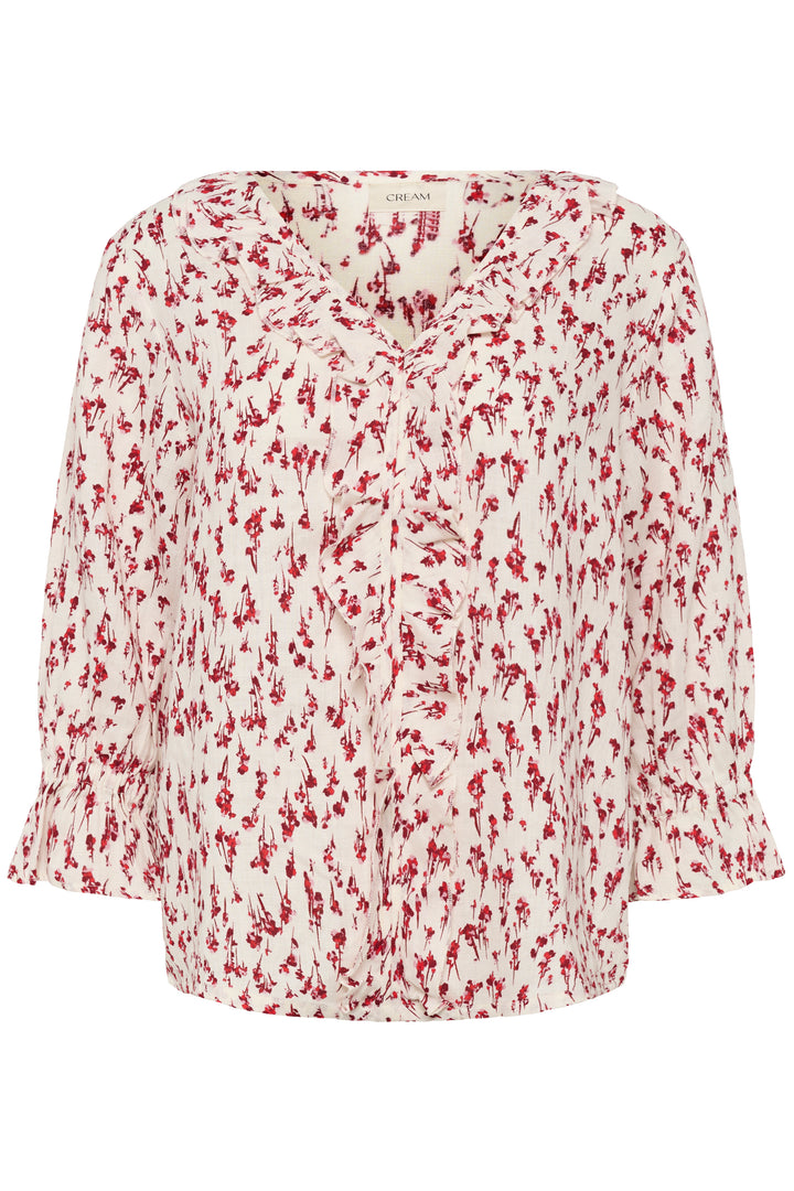 Blouse Bellis à motif délicat, encolure en V avec volants, manches trois-quarts, élégante et légère pour un style quotidien.