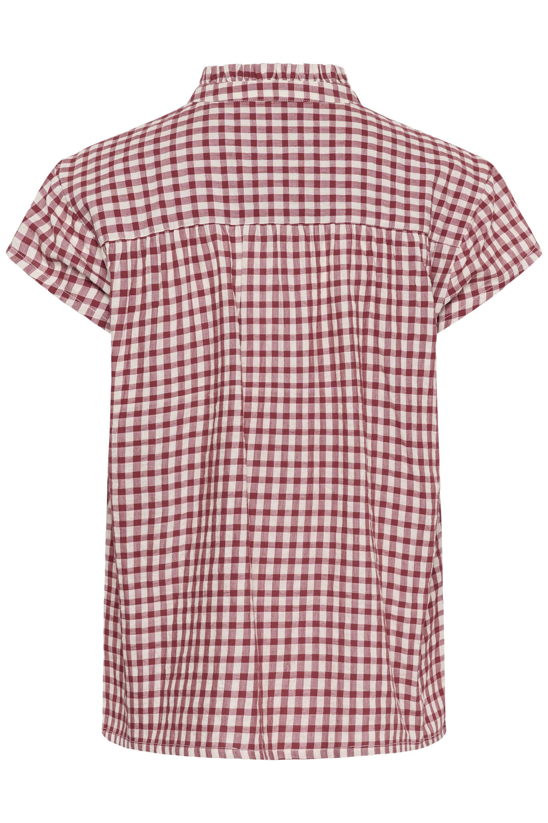 Blouse Bjanka à carreaux col montant boutonné, manches courtes, motif rouge, vue arrière