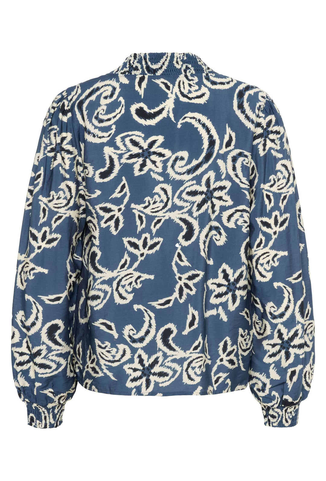 Blouse Dahlia avec manches longues en tissu ajouré et motif floral, coupe droite, encolure fendue, bleu et blanc.