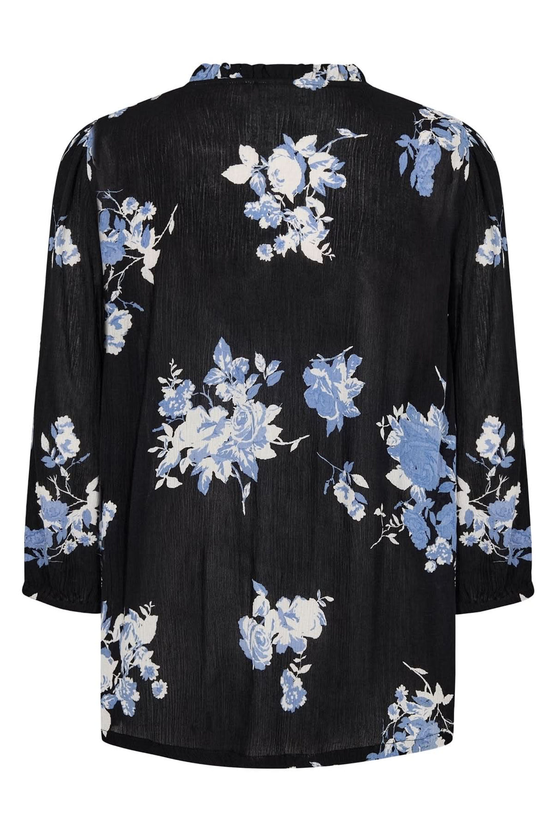 Blouse Edita fluide noire à imprimé floral bleu, manches 3/4, style féminin et décontracté.