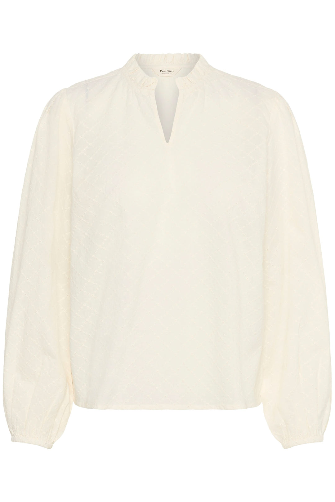 Blouse Eimy en tissu délicat avec encolure fendue et manches longues bouffantes, motif discret, pour un look chic et élégant.