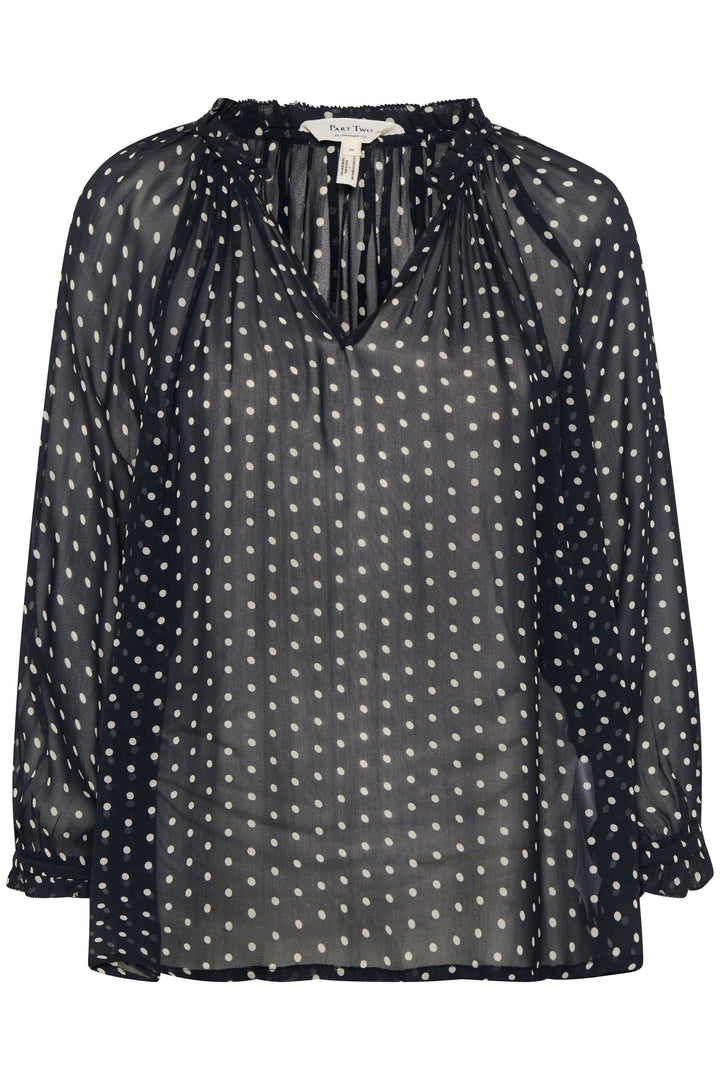 Blouse Elsia en viscose avec manches 3/4 et imprimé pois sur fond noir, idéale pour un look décontracté.