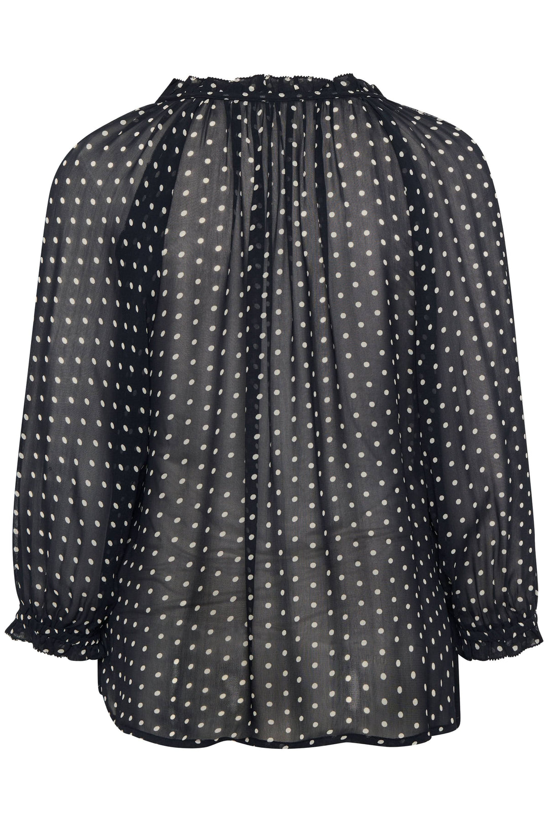 Blouse Elsia en viscose noire à pois, coupe décontractée avec manches 3/4, vue arrière.