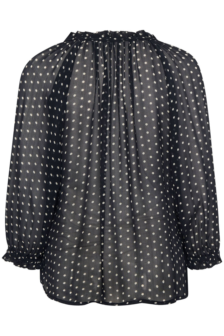 Blouse Elsia en viscose noire à pois, coupe décontractée avec manches 3/4, vue arrière.