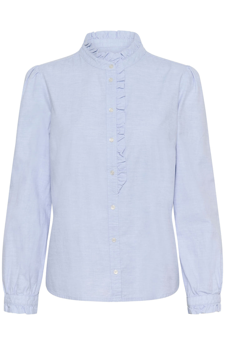 Blouse Glessia romantique avec volants subtils, col montant et coupe fluide, parfaite pour un style féminin et confortable.