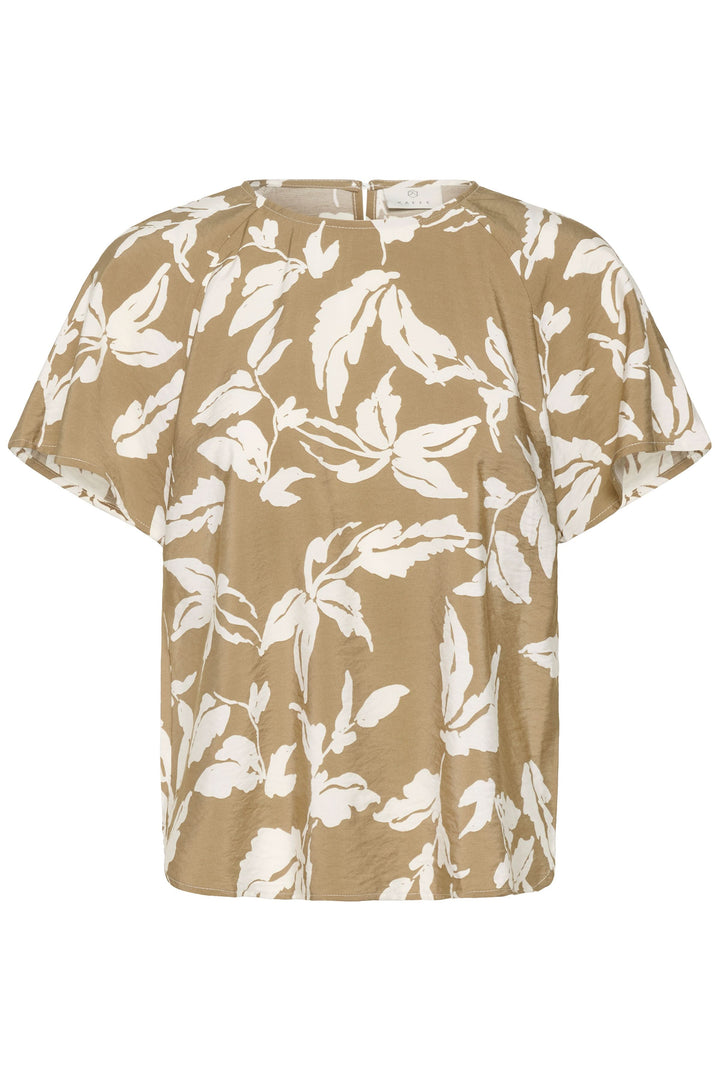 Blouse Marlo fluide à imprimé feuillage avec manches courtes et encolure ronde, tissu léger pour un style féminin et estival.
