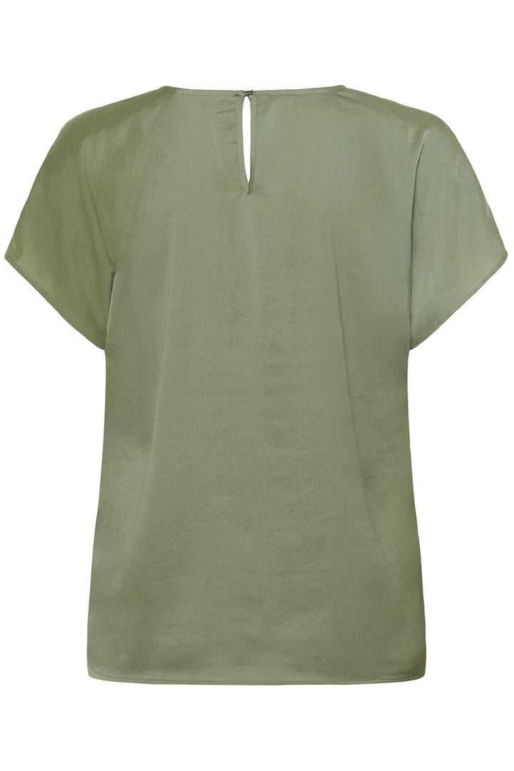 Blouse Rinda fluide avec encolure en V et manches courtes, coupe droite, couleur verte vue de dos.