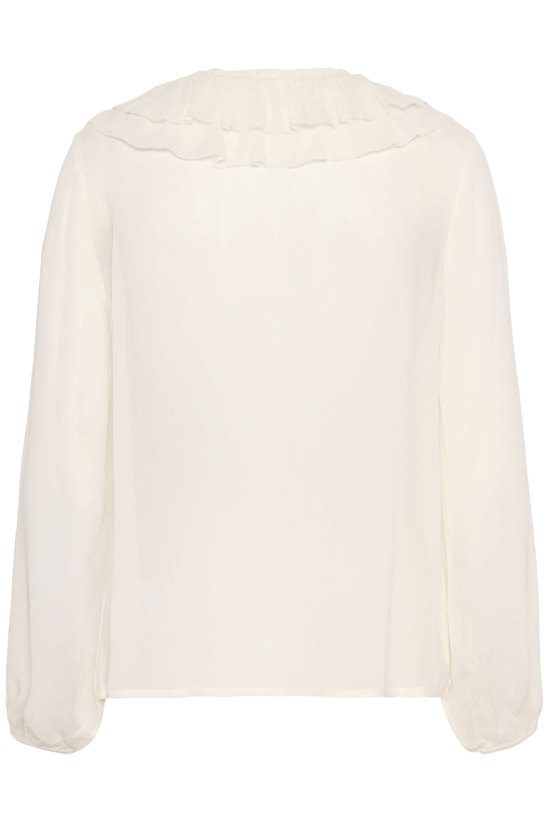 Blouse Sanaz blanche avec col volant, coupe fluide et manches longues transparentes à l'arrière.