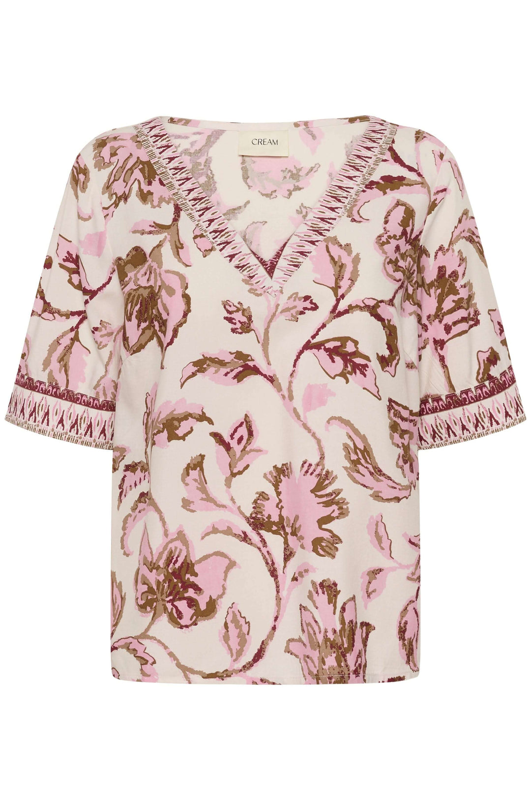 Blouse Tiah fluide à motif floral avec encolure en V et manches courtes, parfaite pour un style léger et élégant en été.