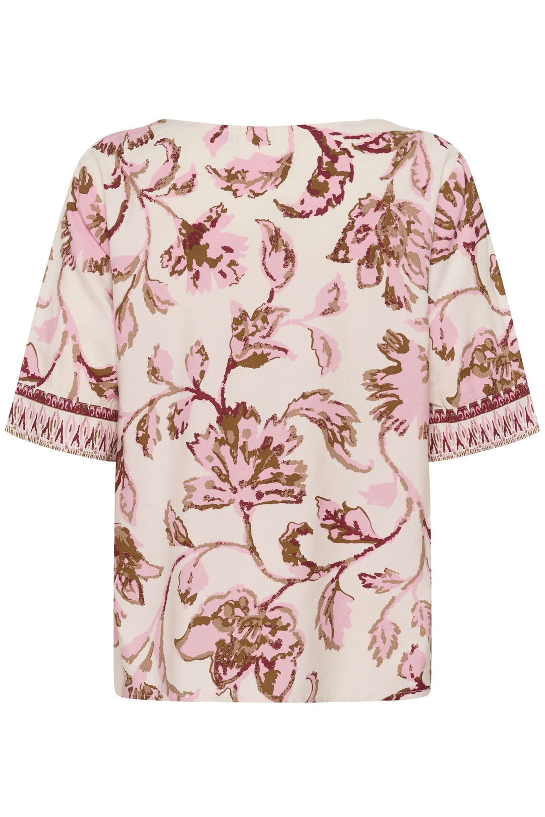 Blouse Tiah fluide à motif floral avec imprimé délicat et manches courtes décoratives.