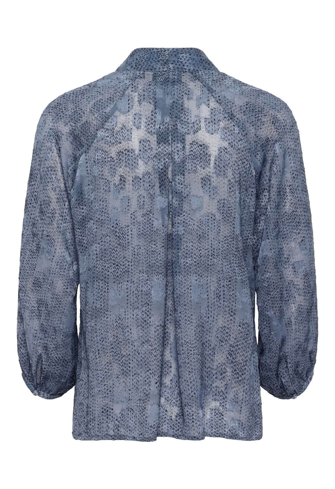 Vue arrière de la blouse à col V et manches 3/4 Addison, en tissu léger bleu avec motif élégant.