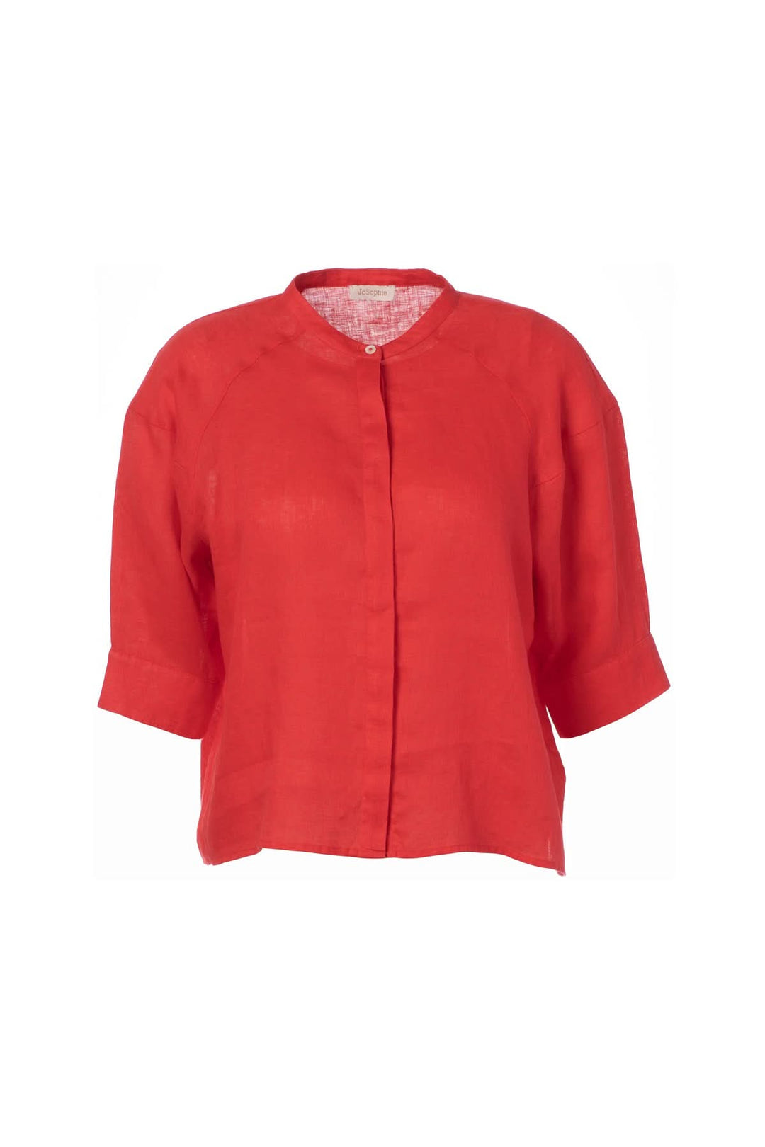 Blouse à col rond et manches courtes, design minimaliste en rouge, coupe ample, encolure dégagée, look moderne et raffiné.