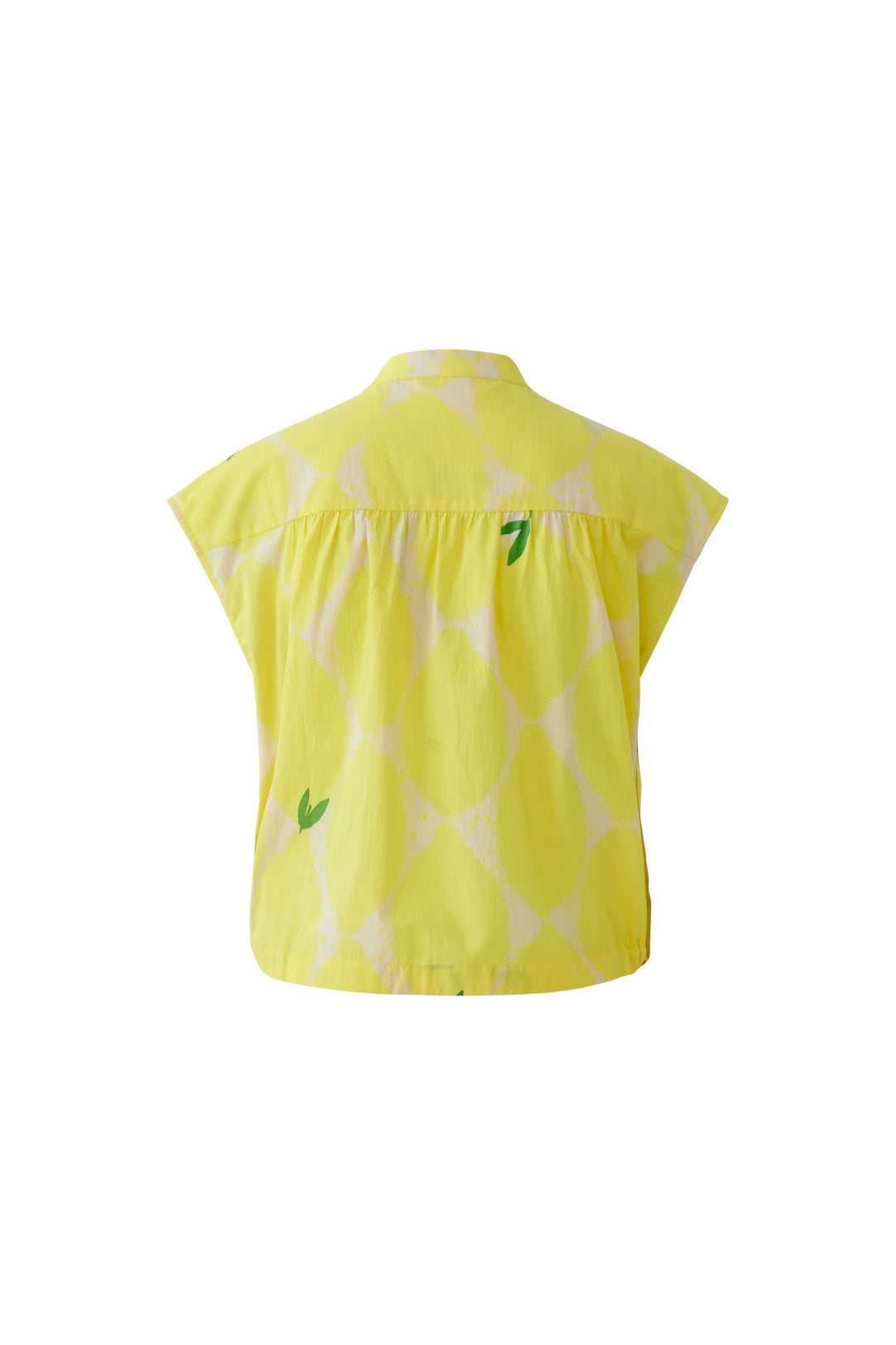 Blouse fluide à col montant jaune à fronces, vue arrière, élégante et décontractée, parfaite pour les journées chaudes.