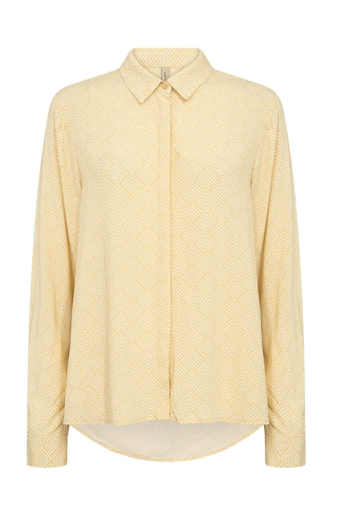 Blouse imprimée à col classique, motif géométrique jaune, fermeture boutonnée, 100% viscose.