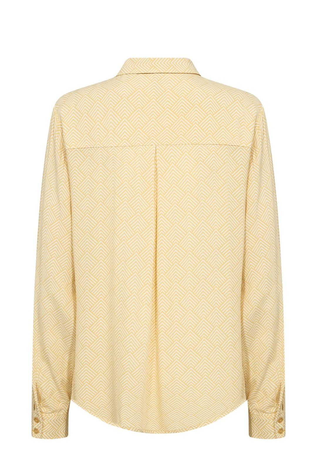 Chemise imprimée jaune avec col classique et motif géométrique, vue arrière.