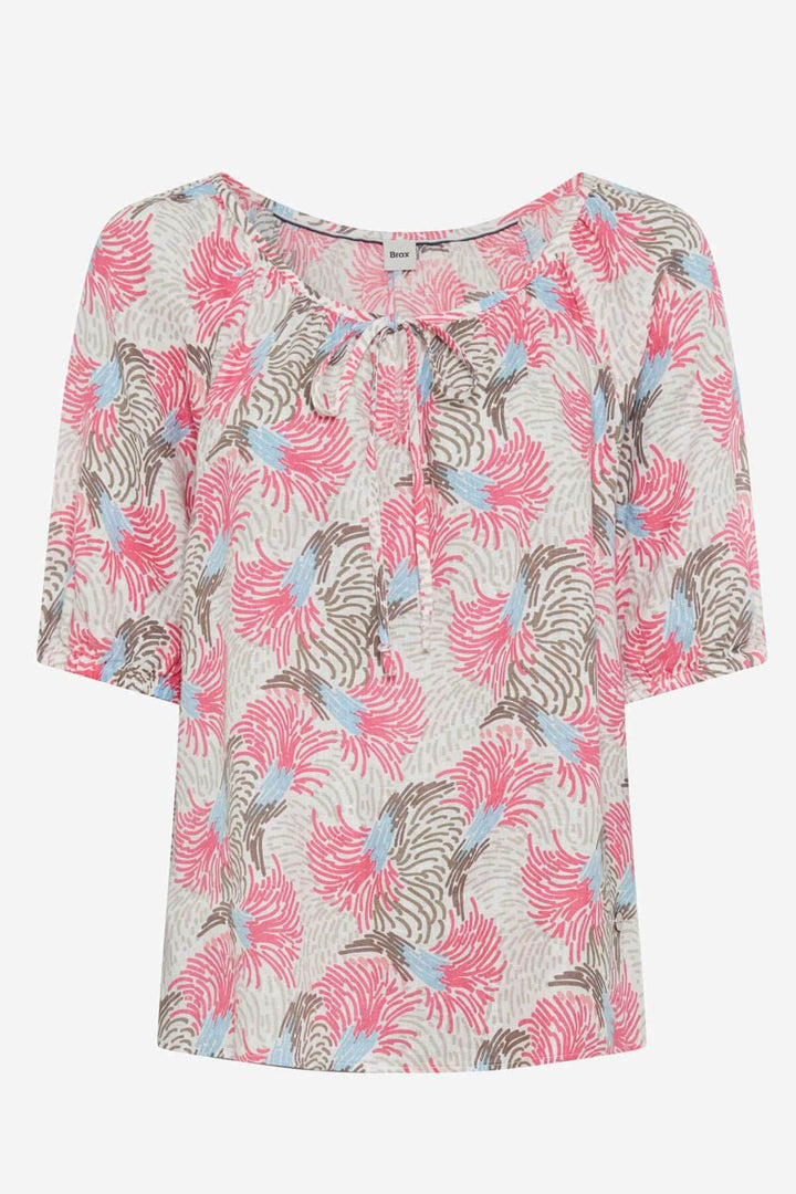 Blouse imprimée VIVA légère, avec motif floral rose et bleu, en lin, coupe ample et encolure à fronces.