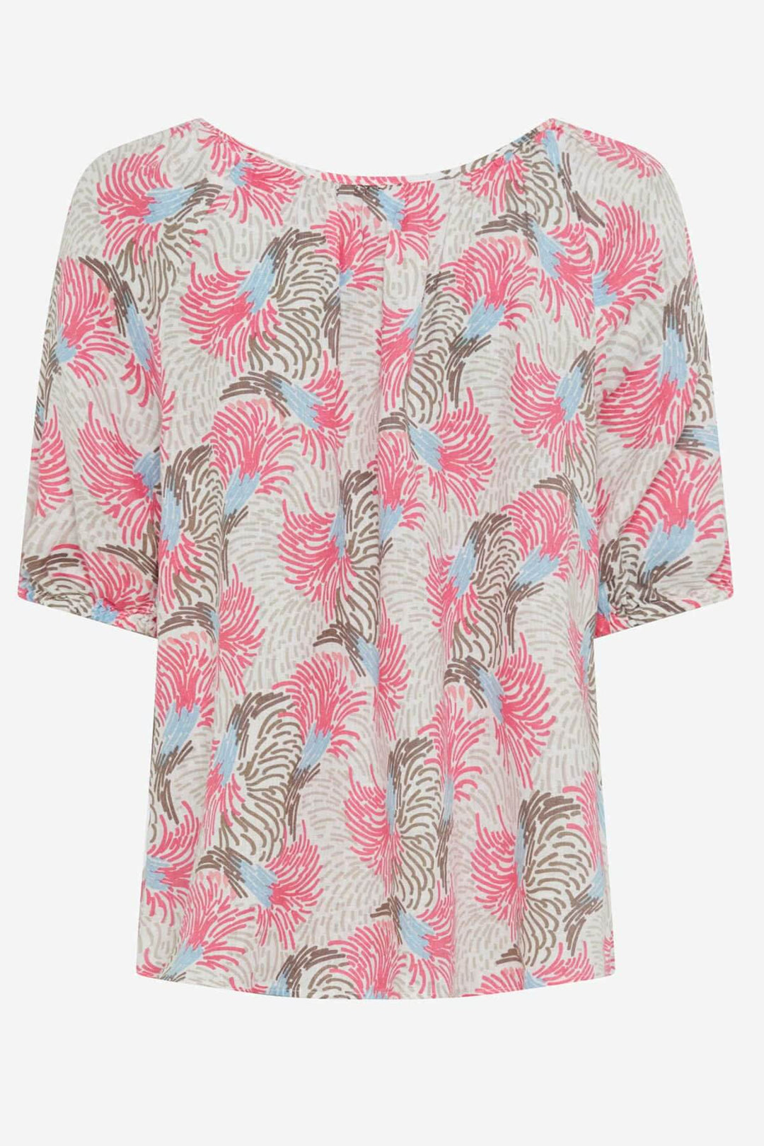 Blouse imprimée VIVA en lin, motifs floraux vibrants rose, bleu clair et taupe, coupe ample pour été.