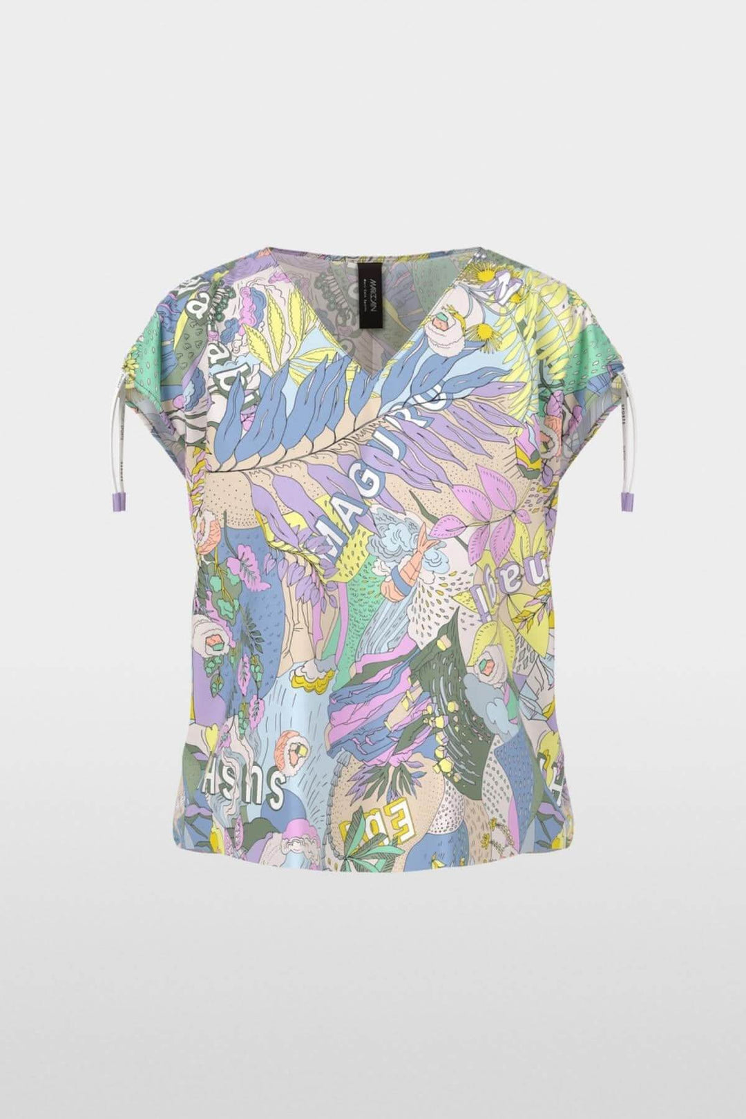 Blouse imprimée sushi colorée, sans manches, en viscose, avec encolure en V et cordons ajustables.