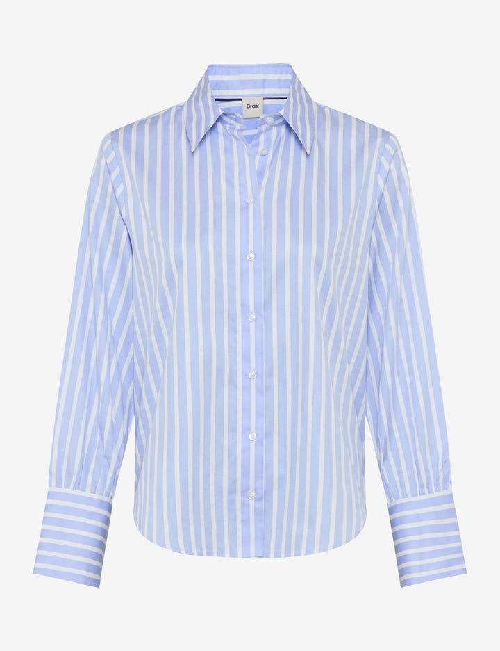 Blouse à rayures classique VICA en tissu léger bleu à rayures, col classique avec fermeture boutonnée, idéale pour un style soigné.