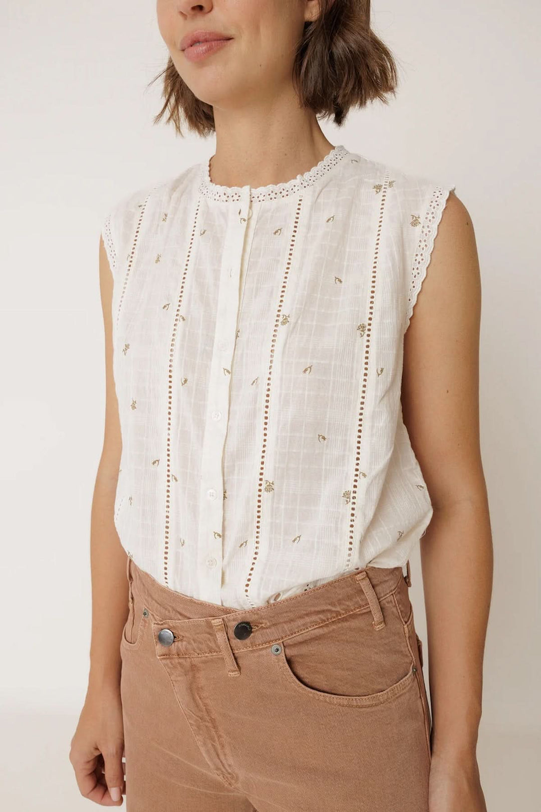 Blouse sans manches à détails ajourés avec encolure ronde festonnée et bandes verticales pour tenue délicate.