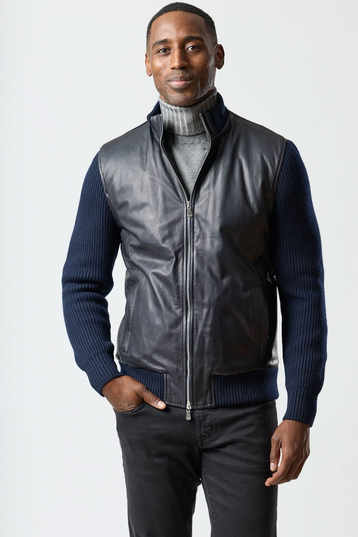 Hybrid leather and knit zip-up jacket