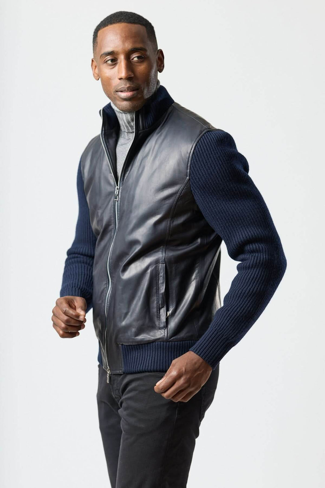 Hybrid leather and knit zip-up jacket
