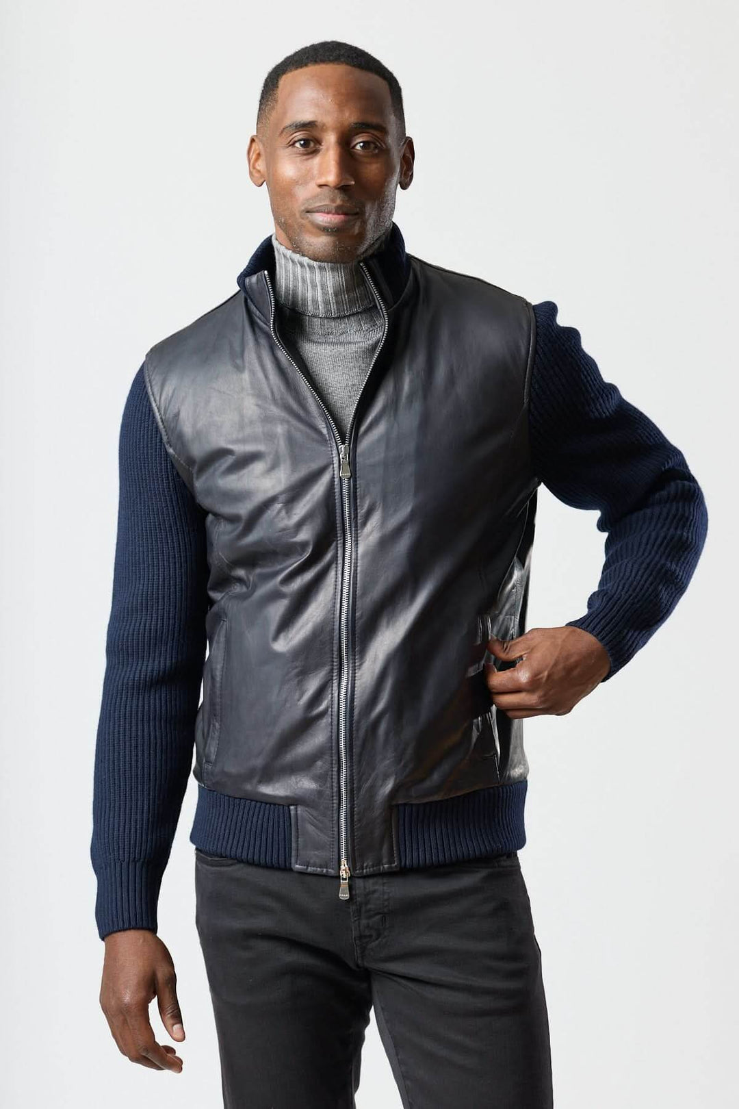 Hybrid leather and knit zip-up jacket