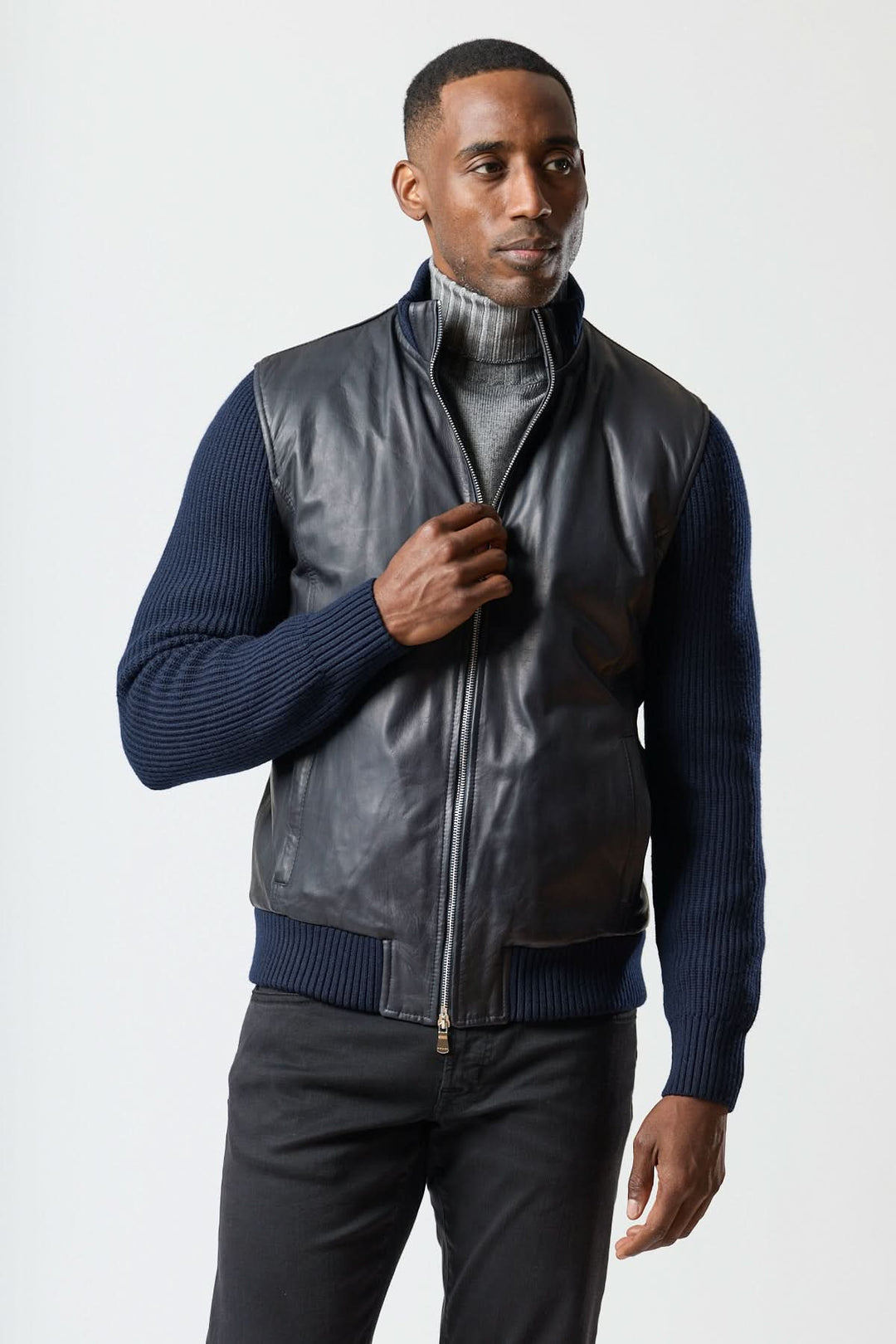 Hybrid leather and knit zip-up jacket