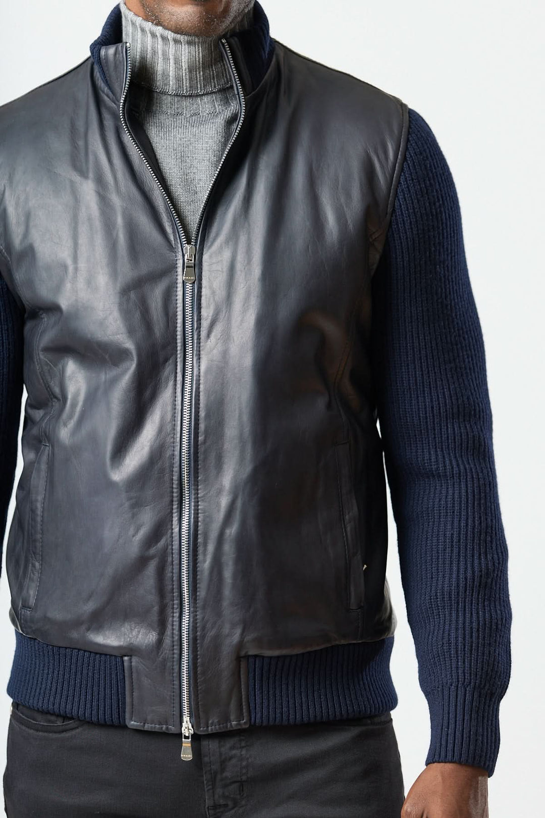 Hybrid leather and knit zip-up jacket